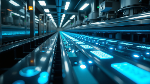 AI vision system inspecting products on conveyor belt, high-tech quality control equipment with blue status lights