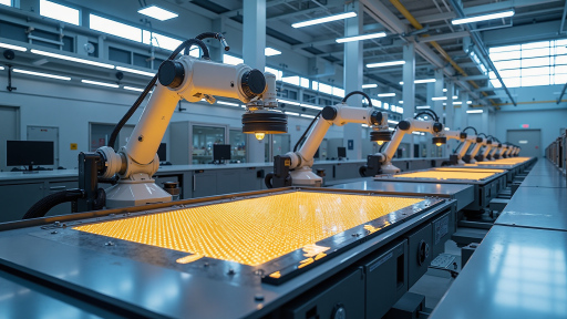 Smart factory automation system with robotic arms and AI monitoring screens, industrial setting with blue LED indicators