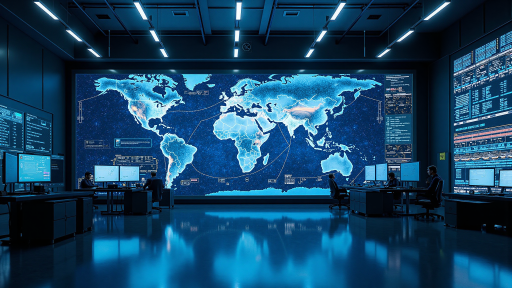 AI supply chain management dashboard showing global shipping routes, data visualization with blue and white interface