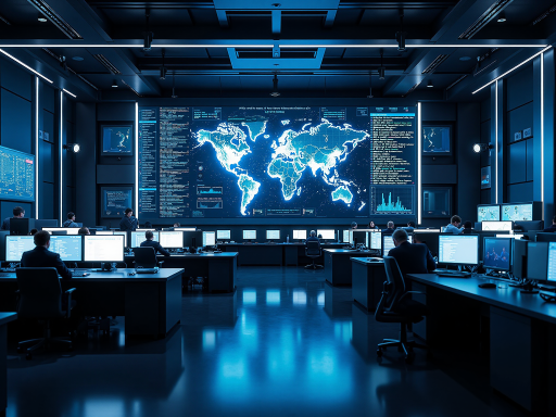 AI research laboratory with scientists working on advanced computer systems, dark blue background with neon blue lighting, modern tech environment